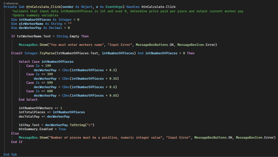 Code snippet of visual basic .net pay calculator